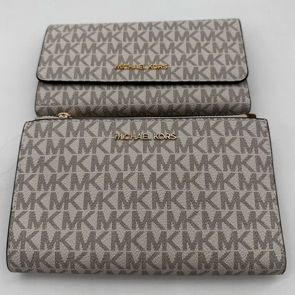 Michael Kors Large Double Zip Wallet Wristlet & Trifold Wallet Vanilla/Brown - Picture 1 of 13